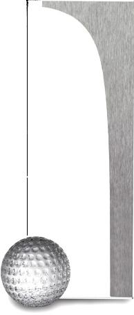 Trophäe, Optiwhiteglas, Edelstahlplatte auf Glasplatte, Glasgolfball