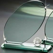Trophäe, Jadeglas, klar, oval mit Golfball, Geschenkbox