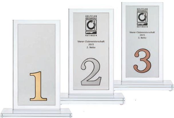 Trophäe, Optiwhiteglas, schlicht, farbige Acrylplatte mit Ziffer