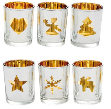 Teelichthalter Garnitur, 6er Set sortiert, innen gold, inkl. Teelichter