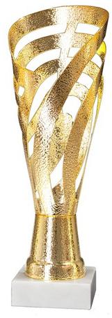 Pokal, metallisiert, goldfarben, geschnitten, auf hellem Marmorsockel