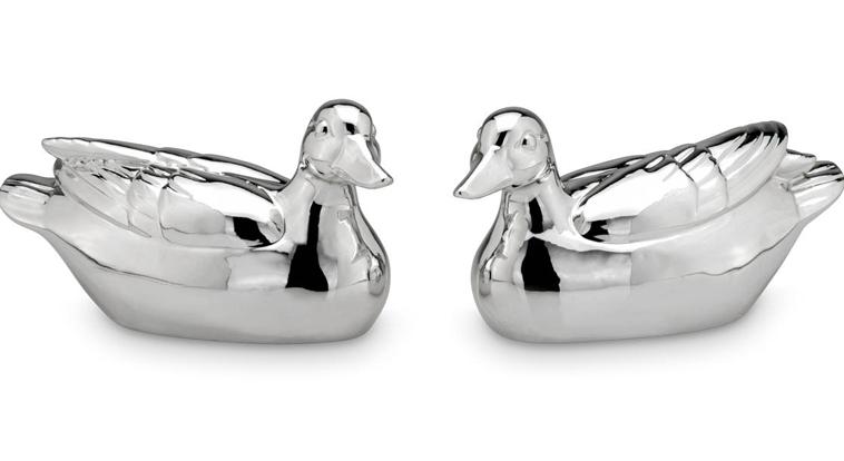 Enten-Paar, Porzellan, silberlackiert