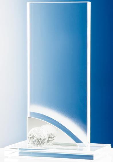 Trophäe, Optiwhiteglas, Glasgolfball, gebogene Aluscheibe, satiniert