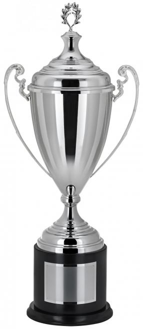 Pokal, versilbert, Deckel, Henkel, Holzsockel