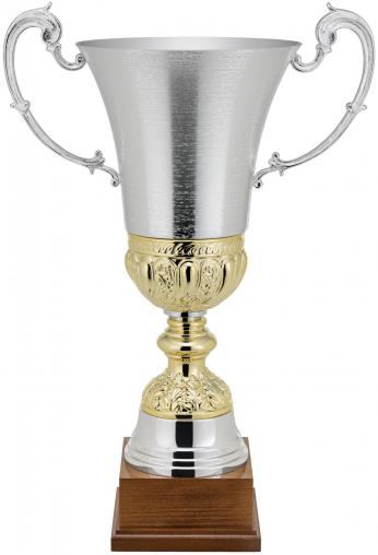 Pokal, versilbert, goldfarbene Sockel, Henkel, Holzsockel