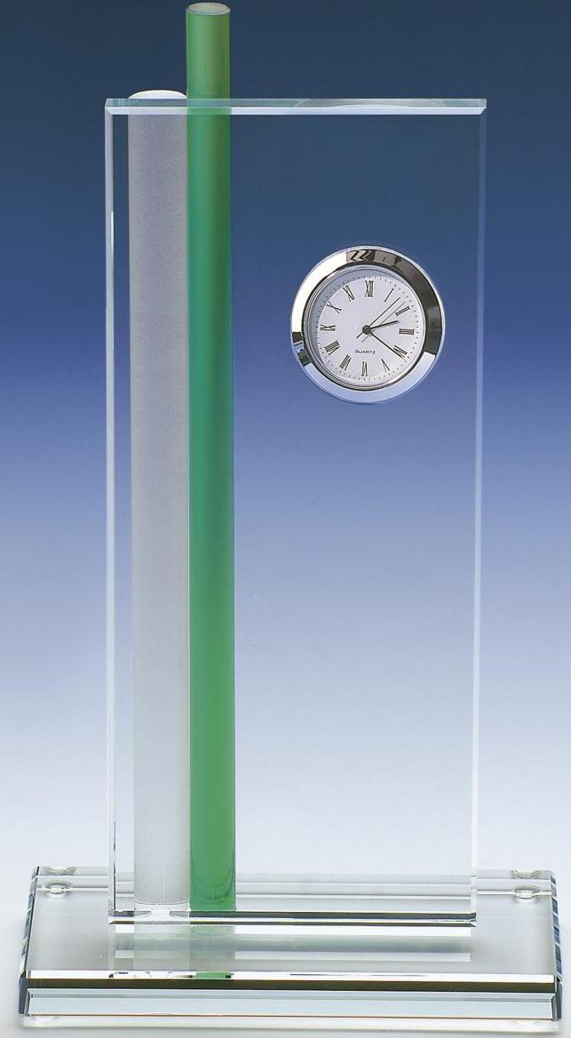 Trophäe, Optiwhiteglas, Uhr, bunte Stäbe