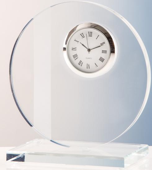 Trophäe, Optiwhiteglas, Rondo, Uhr, satinierter Streifen