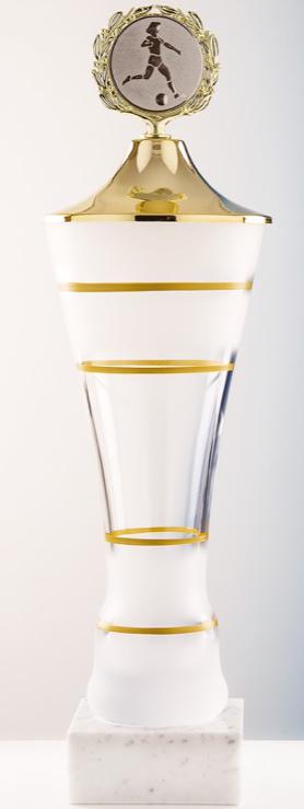 Pokal, Klarglas, konisch, teilsatiniert, handbemalt, goldene Ringe, Deckel mit Fahne