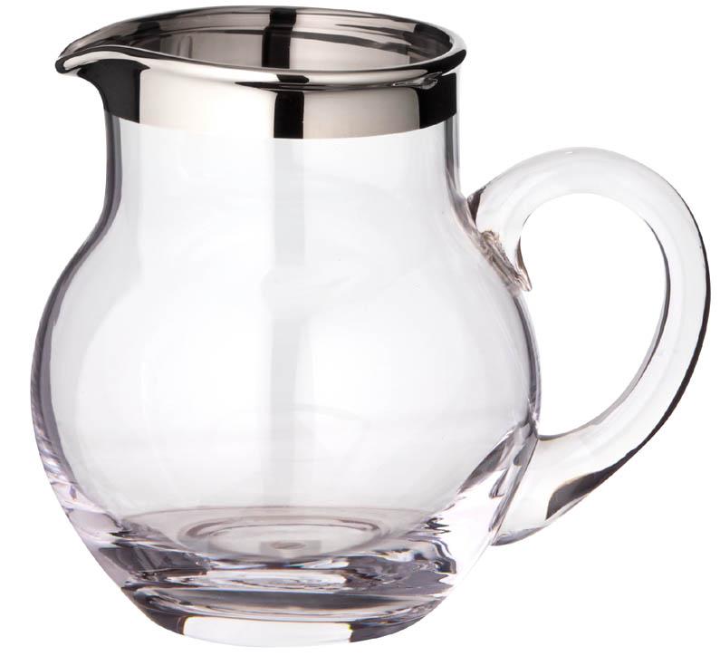 Glaskrug, bauchig, mit aufgedampftem Platinrand (Handarbeit)
