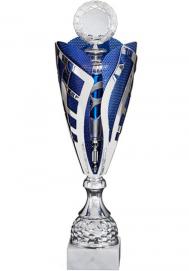 Pokal, metallisiert, goldfarben mit blau, geschnitten, auf hellem Marmorsockel
