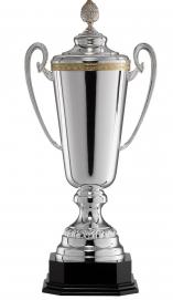 Pokal, versilbert, Bodüre, Deckel mit goldener Eichelfahne, Henkel, Holzsockel
