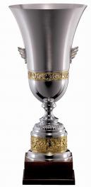Pokal, versilbert, Bordüren, Seitenflügel, Holzsockel