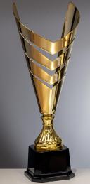 Pokal, metallisiert, goldfarben, geschnitten, auf schwarzem Kunststoffsockel