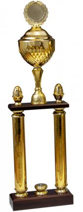 Säulenpokal mit Henkel und Deckel, goldfarben, auf 2 Säulen, Holzsockel 205x32mm