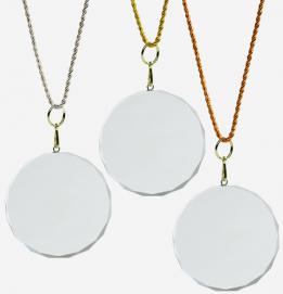 Medaille, Optiwhiteglas, rund, 1cm, Facettenschliff, farbiger Kordel