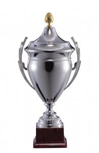 Pokal, versilbert, Perlrand-Dekorrille, Deckel, Henkel, PVC-Sockel (Italien)