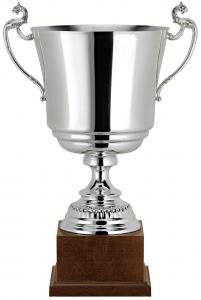 Pokal, versilbert, Pokalschale unten 2-fach gestuft, Henkel, Holzsockel (Italien)
