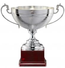 Pokal, versilbert gebürstet, bauchig, polierte Bordüre, Henkel, PVC-Sockel (Italien)