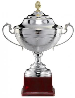 Pokal, versilbert gebürstet, bauchig, polierte Bordüre, Henkel, Deckel, PVC-Sockel (Italien)