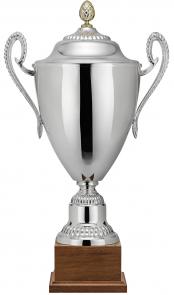 Pokal, versilbert, schlicht, Deckel, Henkel, Holzsockel (Italien)