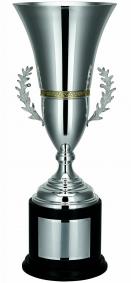 Pokal, versilbert, poliert, goldene Mittelbordüre, Eichenblattgriffe, Holzrundsockel (Italien)