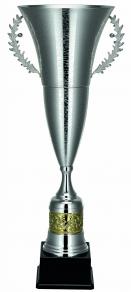 Pokal, versilbert, poliert/gebürstet, goldene Fußbordüre, Eichenblattgriffe, PVC-Sockel (Italien)
