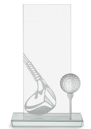 Trophäe, Optiwhiteglas, gestrahlter Driverkopf, 1/2 Optiwhiteglastee und Glasgolfball