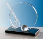 Trophäe, Glasrondo, sandgestrahlter Golfschläger, schwarzer Sockel