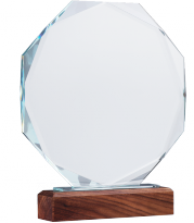 Holzpokal, Achteckig, Glasblock 15mm dick, Facettenschliff, 23cm H