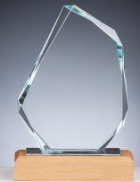 Holzpokal, Felsenform, Glasblock 12mm dick, Facettenschliff, 23cm H