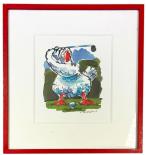 Golfbild „Schwung Henne“, Aquarell von Klaus Büschgens aus Krefeld, handsigniert, im roten Holzrahmen mit Glas