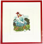 Golfbild „Abschlag Gockel“, Aquarell von Klaus Büschgens aus Krefeld, handsigniert, im roten Holzrahmen mit Glas