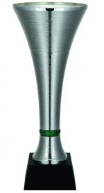 Pokal, versilbert, matt mit Struktur, Trötenform, 1 farbiger Stein im Stiel, Holz-Sockel (Italien)