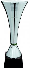 Pokal, versilbert poliert, Trötenform, 1 farbiger Stein im Stiel, Holz-Sockel (Italien)