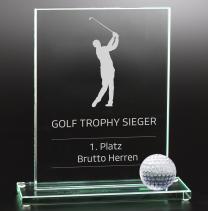 Glastrophäe, eckig auf Sockel, 3cm Glasgolfball
