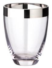 Vase, Glas, konisch bauchig, mit aufgedampftem Platinrand (Handarbeit)