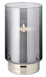 Windlicht, dunkles Glas, gerade, schmal, mundgeblasen auf silberfarbenem Fuß, mit aufgedampftem Platinrand, ohne Kerze (Handarbeit)