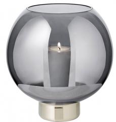 Windlicht, dunkles Glas, Kugel, mundgeblasen auf silberfarbenem Fuß, mit aufgedampftem Platinrand, ohne Kerze (Handarbeit)
