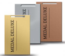 Medaille, Metall, rechteckig, in gold, silber und bronze (Acrylplatten), schwer, mit Halsband