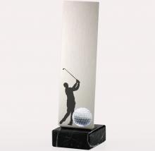 Trophäe, Aluminiumplatte, 1,5 mm stark , Eloxalqualität auf Marmorsockel 8x8x3 cm inkl. Golfer und Golfballinse 4cm D