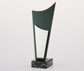 Trophäe, 2tlg., Aluminium, 15 mm stark, grün und silberfarben, Eloxalqualität, beide oben nach innen gebogen auf Sockel 8x8x3 cm