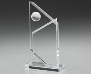 Trophäe "Double Peak", zwei Optical White Glas Platten auf Fuß, 10 mm Stärke, inkl. Golfballlinse mit 4cm D