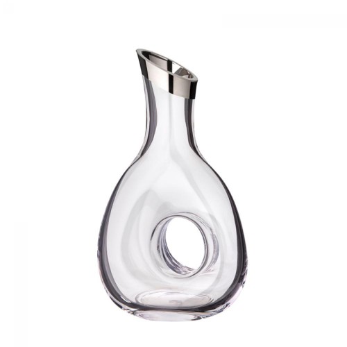Dekanter, Glas, bauchig mit Griffmulde und aufgedampftem Platinrand (Handarbeit)
