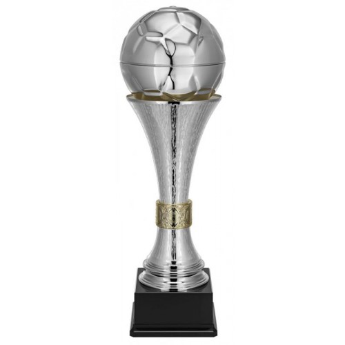Fußballpokal, versilbert, größtenteils gebürstet, goldfarbene Fußbordüre, Resinsockel (Italien)