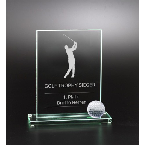 Glastrophäe, eckig auf Sockel, 3cm Glasgolfball