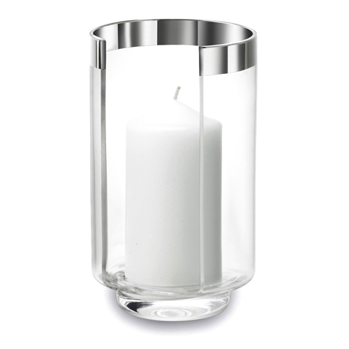 Glas-Windlicht, rund, seitlich offen, mit 1000er Silberrandveredelung