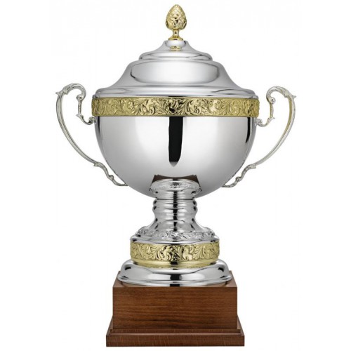 Pokal, versilbert, Bordüre, Deckel mit goldener Eichel, Henkel, Holzsockel