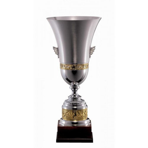 Pokal, versilbert, Bordüren, Seitenflügel, Holzsockel