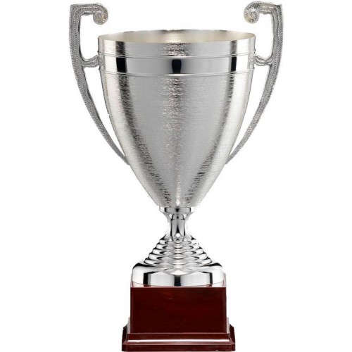 Pokal, versilbert gebürstet, polierte Bordüre, Henkel, PVC-Sockel (Italien)