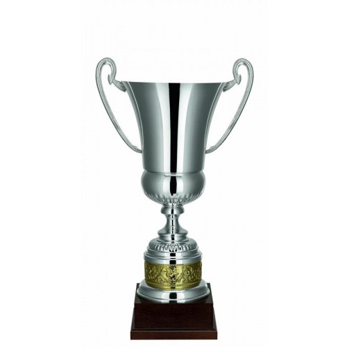 Pokal, versilbert poliert, Henkel, Goldbordüre Sockel, Holzsockel (Italien)